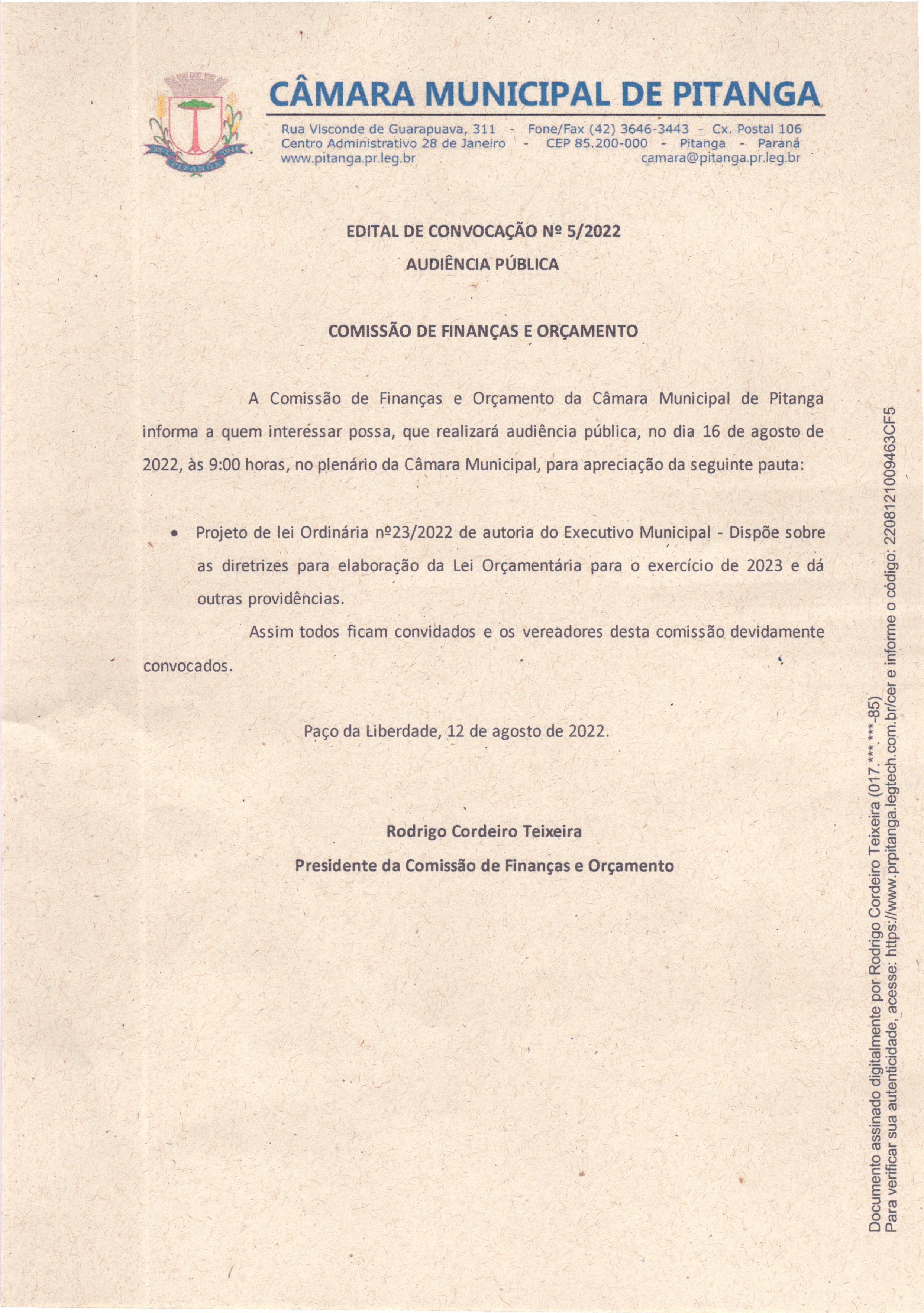 EDITAL DE CONVOCAÇÃO Nº 5/2022 - AUDIÊNCIA PÚBLICA - COMISSÃO DE FINANÇAS E ORÇAMENTO