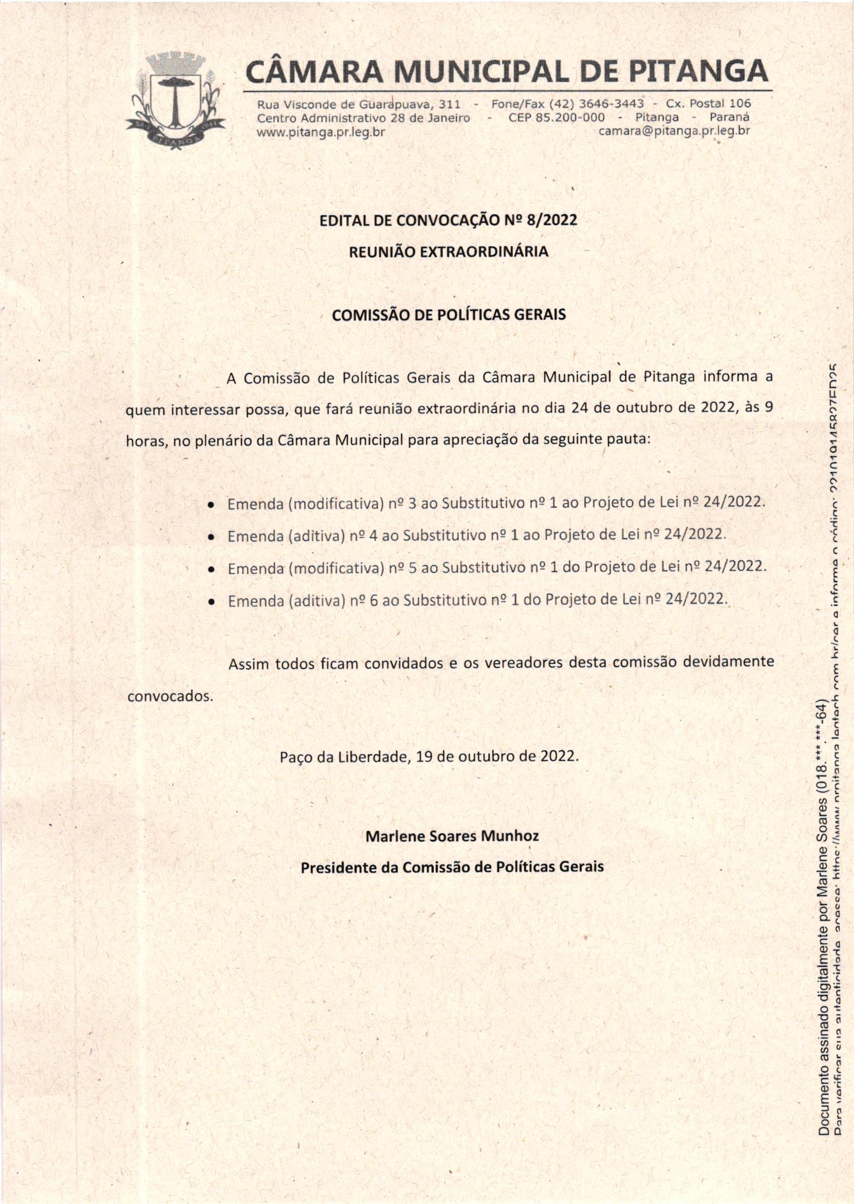 EDITAL DE CONVOCAÇÃO Nº 8/2022 - REUNIÃO EXTRAORDINÁRIA - COMISSÃO DE POLÍTICAS GERAIS