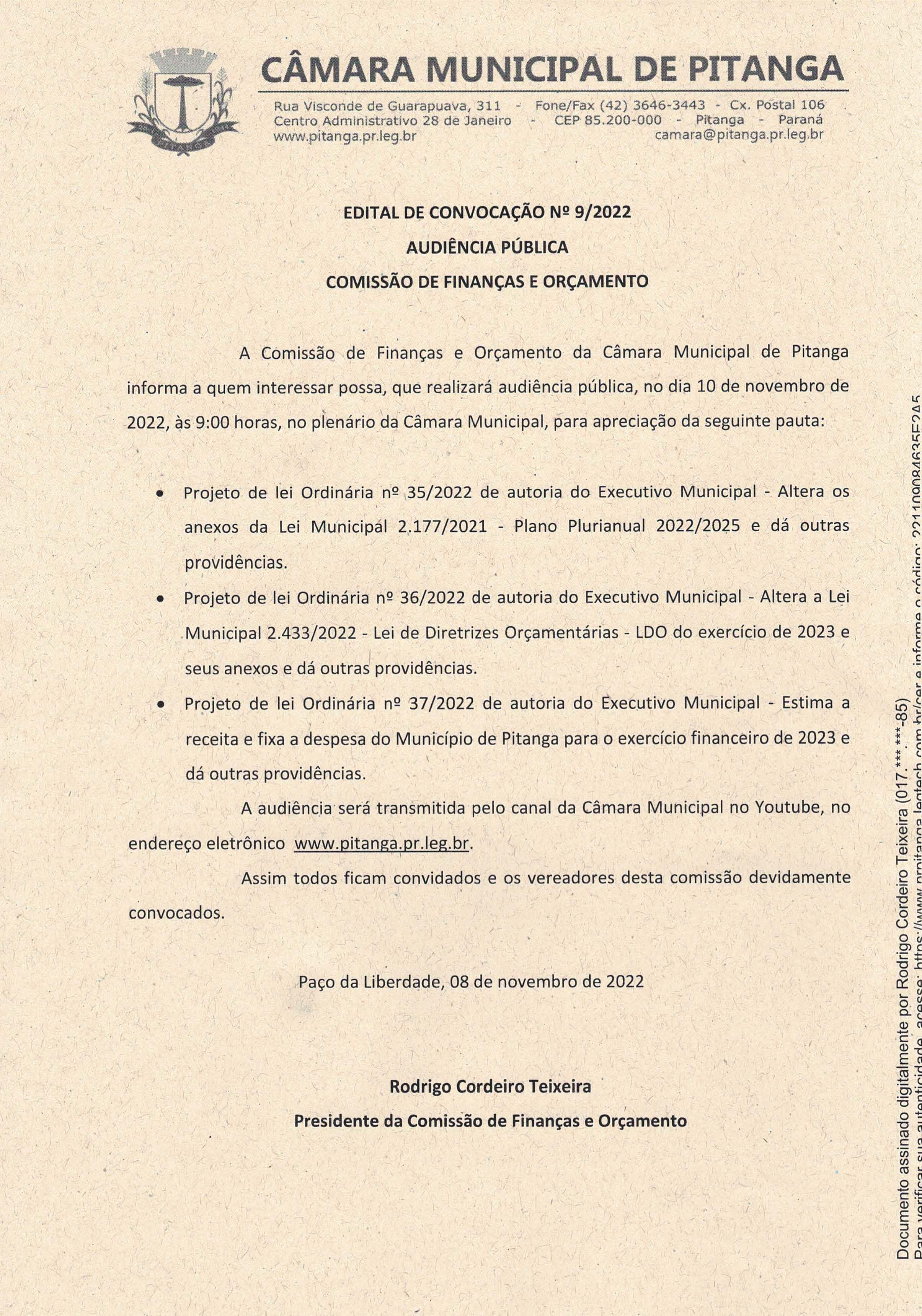 EDITAL DE CONVOCAÇÃO Nº 9/2022 - AUDIÊNCIA PÚBLICA - COMISSÃO DE FINANÇAS E ORÇAMENTO